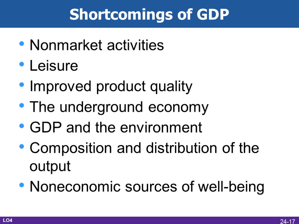 Shortcomings of GDP Nonmarket activities Leisure Improved product quality The underground economy GDP and